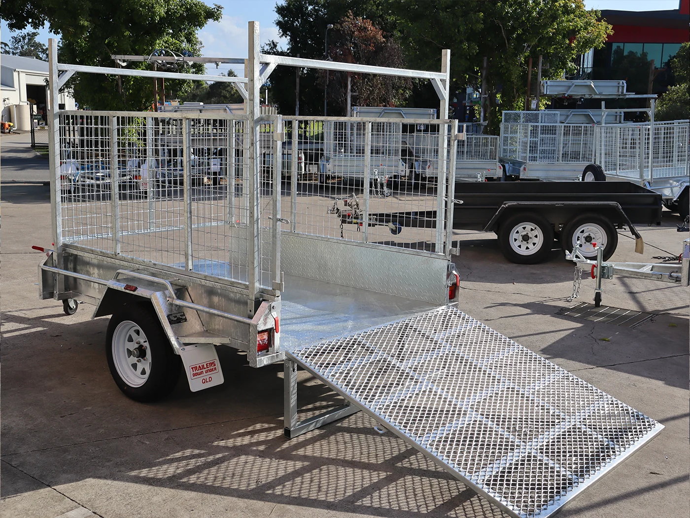 7x5 Galvanised 3ft Cage Trailer with 5ft Drop Down Ramp | Racks & Tilt Function | Trailer for Sale Brisbane