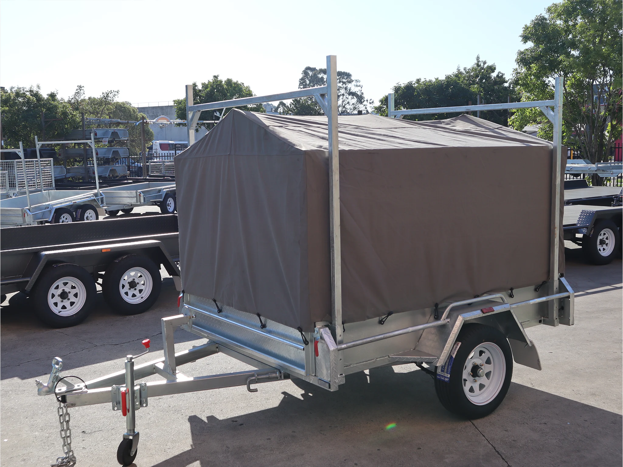 7x5 galvanised cage trailer for sale with canvas cover racks in Brisbane